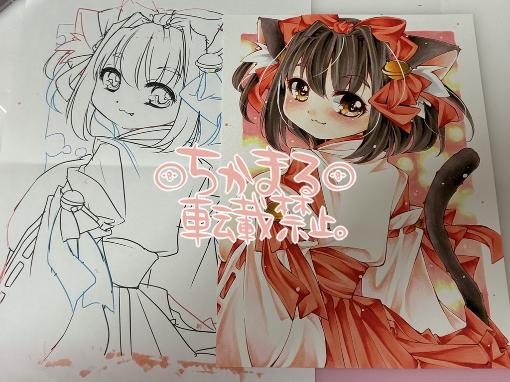 オリジナル手描きイラスト原画 B5 巫女にゃんこさん