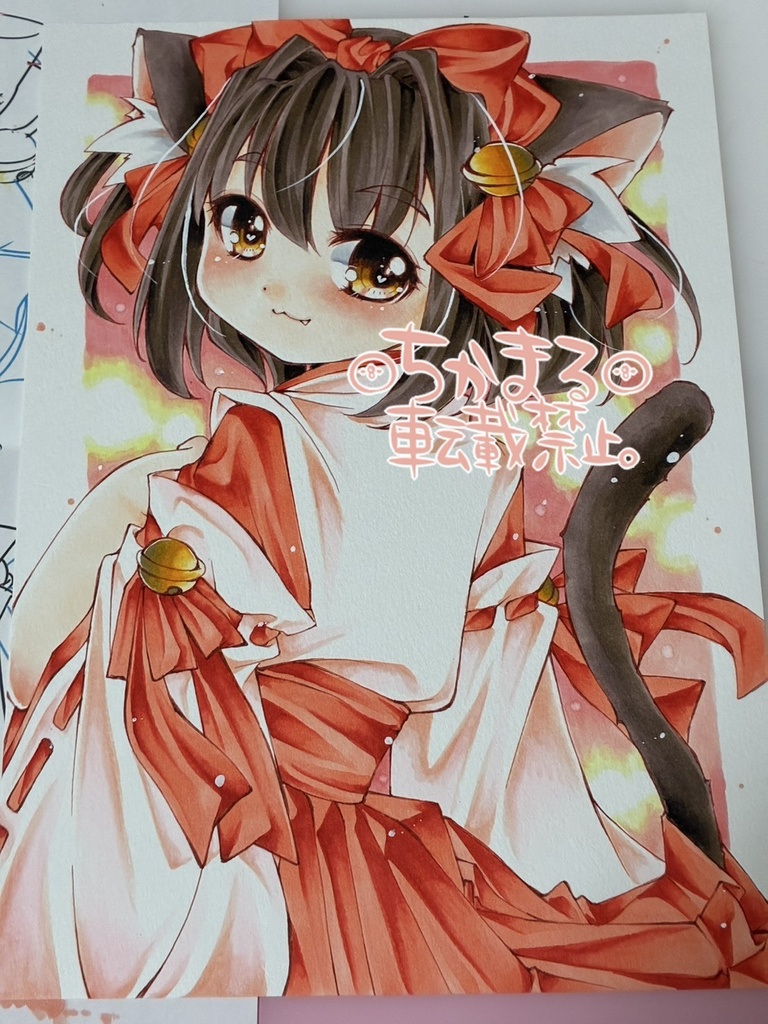 オリジナル手描きイラスト原画 B5 巫女にゃんこさん