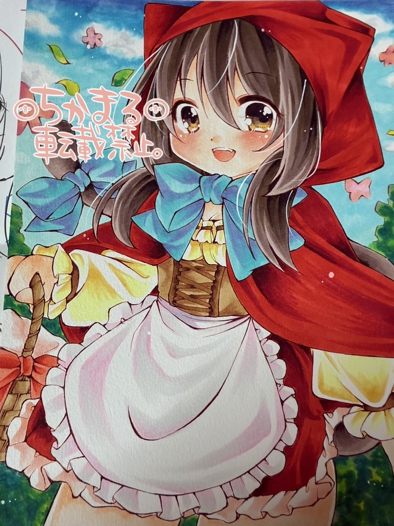 オリジナル手描きイラスト原画 B5 赤ずきんにゃんこさん 猫 ケモミミ 擬人化