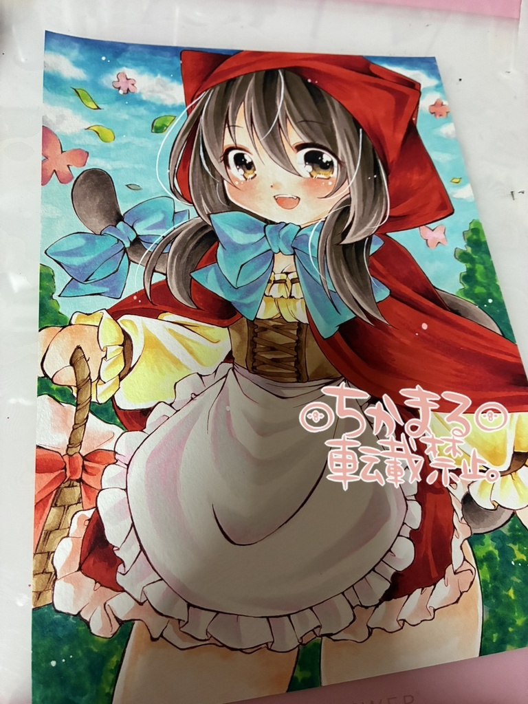 オリジナル手描きイラスト原画 B5 赤ずきんにゃんこさん 猫 ケモミミ 擬人化