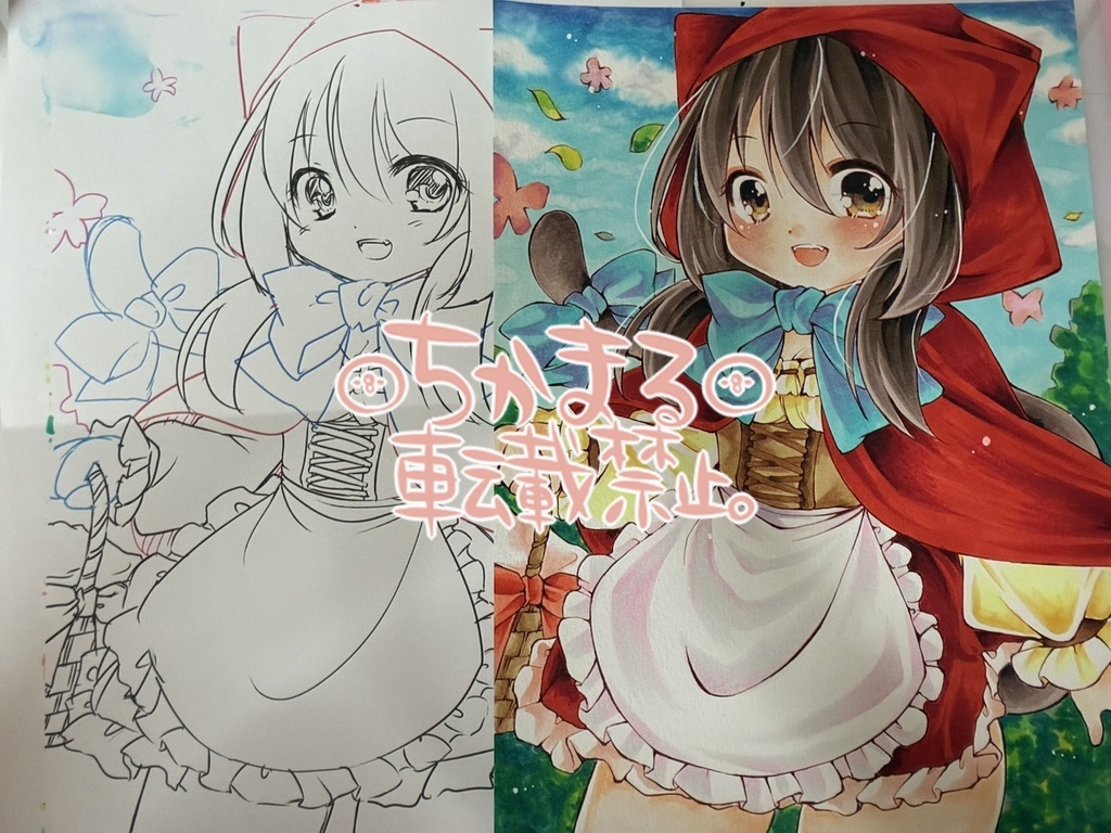 オリジナル手描きイラスト原画 B5 赤ずきんにゃんこさん 猫 ケモミミ 擬人化