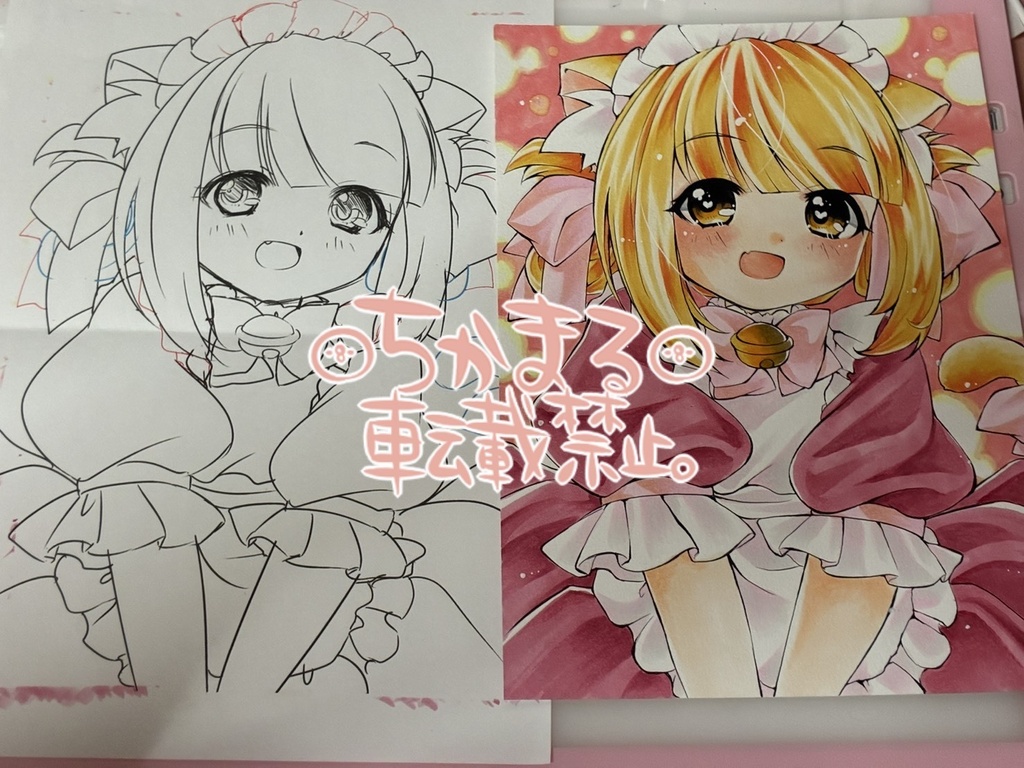 オリジナル手描きイラスト原画 B5 めいどにゃんこさん 猫 ケモミミ 擬人化 メイド