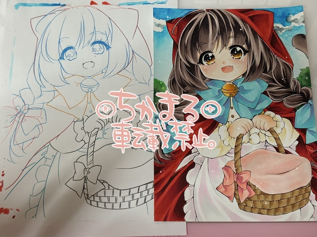 オリジナル手描きイラスト原画 B5 赤ずきんにゃんこさん2 童話 猫 ケモミミ 擬人化