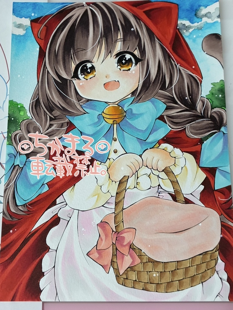 オリジナル手描きイラスト原画 B5 赤ずきんにゃんこさん2 童話 猫 ケモミミ 擬人化