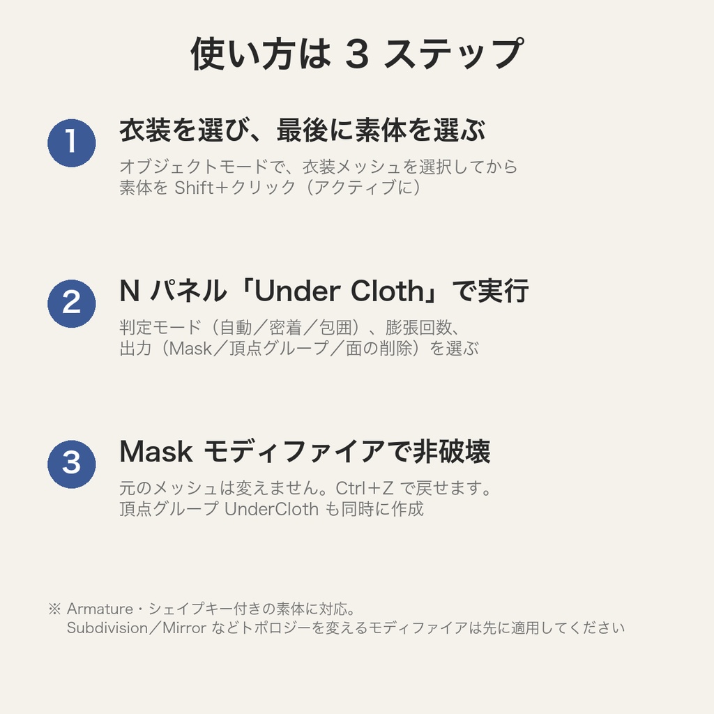 【無料】衣装の下の素体を自動で消す Lite|Blender アドオン(密着モードのみ・4.2〜5.x・VRChat 向け)
