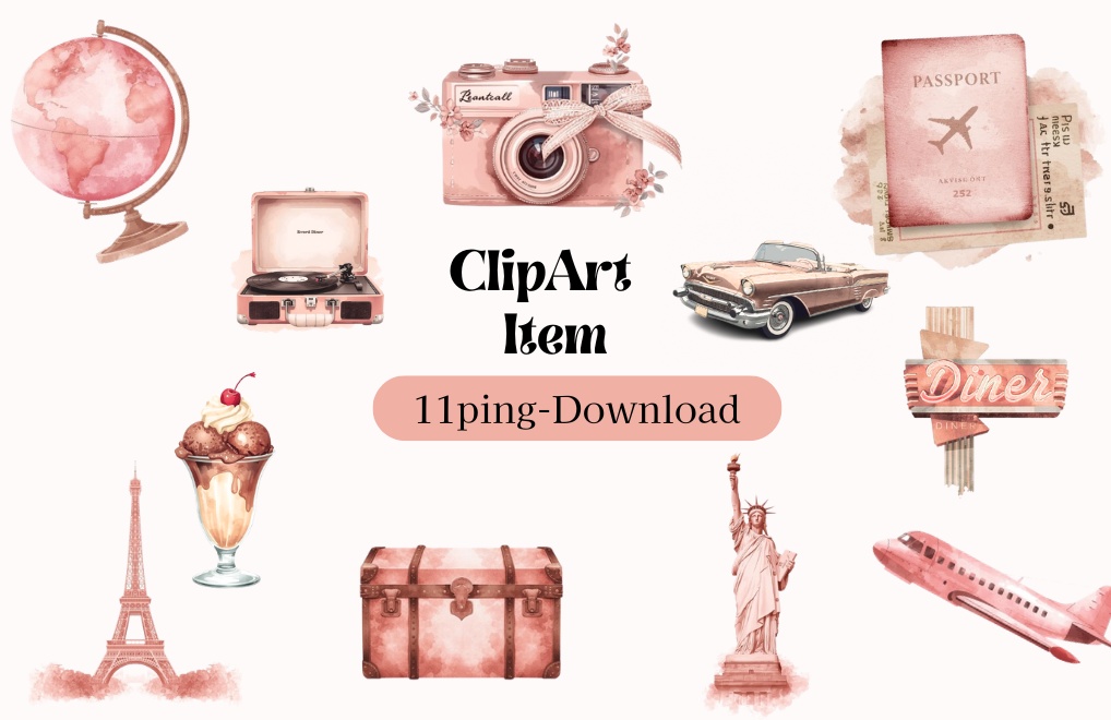 水彩ピンクのアンティーク旅行クリップアートセット（全11種類）
