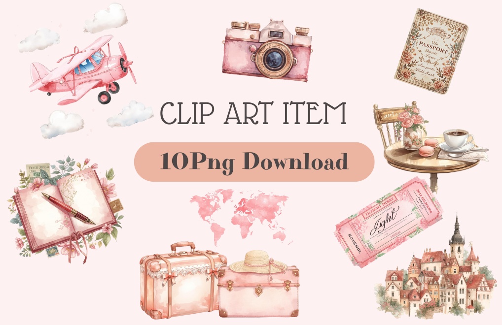 ピンクでアンティークな可愛い水彩クリップアート10点セット