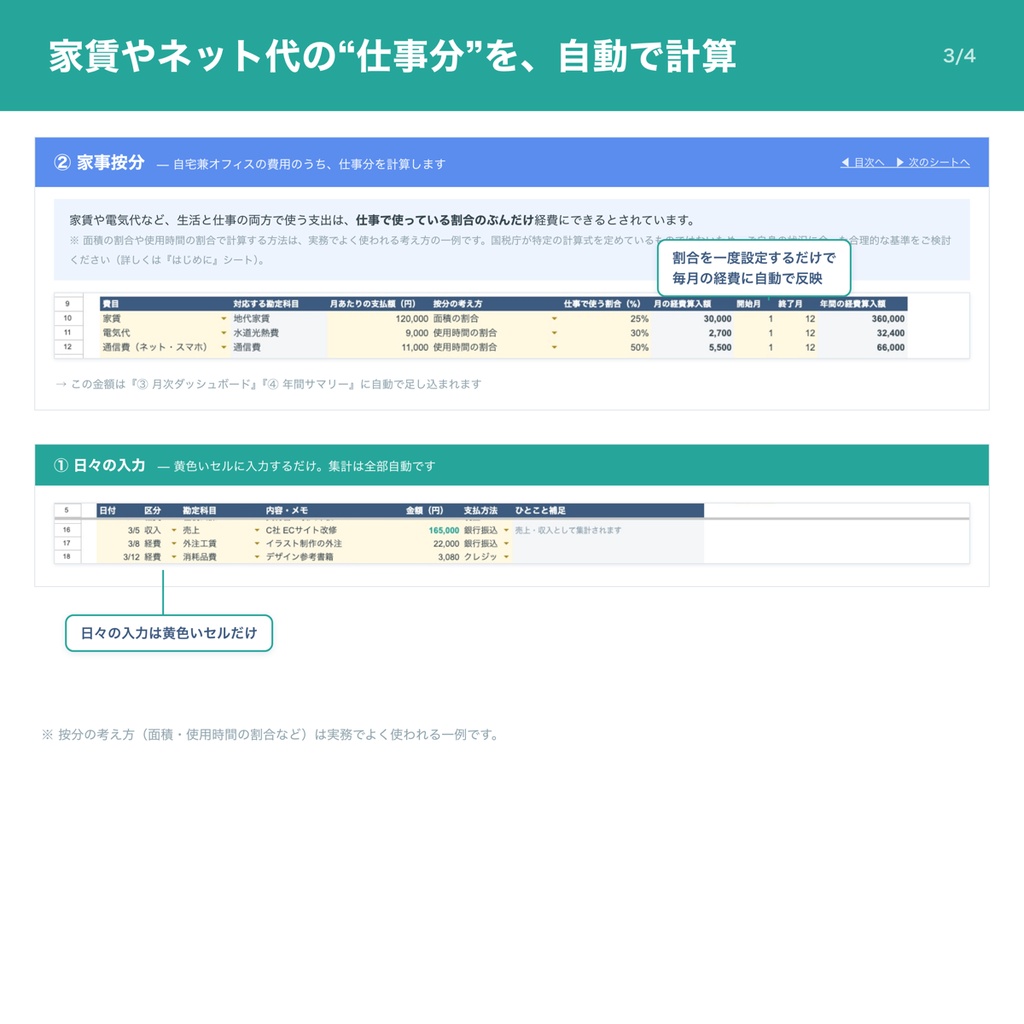 経費按分ダッシュボード|家事按分自動計算&確定申告準備シート(フリーランス向け)