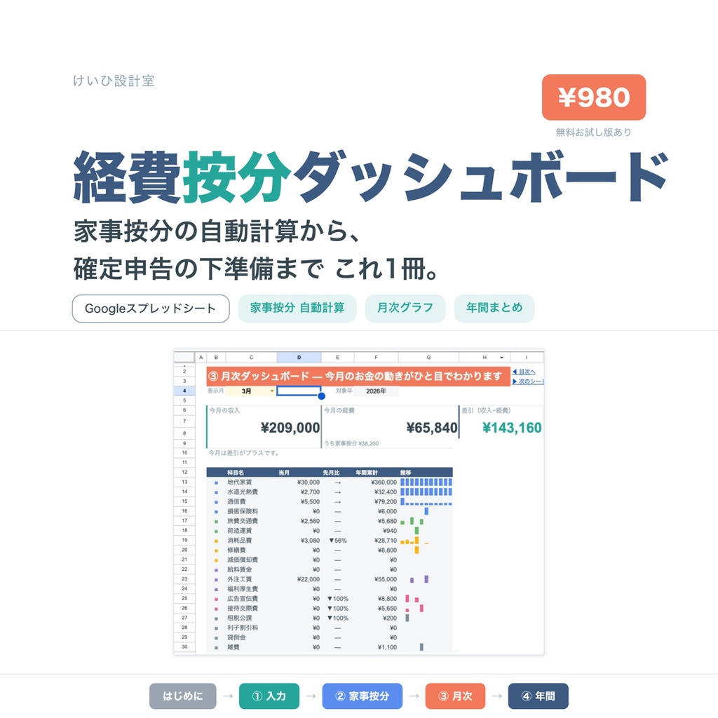 経費按分ダッシュボード|家事按分自動計算&確定申告準備シート(フリーランス向け)