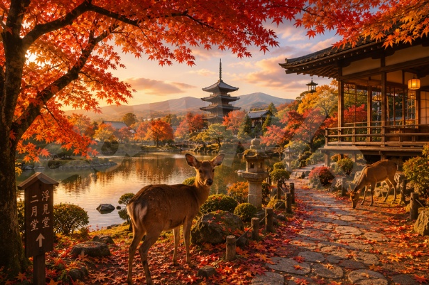[残り１０組限定] 日本の秋｜紅葉と鹿の幻想的な寺院風景 Autumn in Japan｜Deer & Maple Leaves at a Traditional Temple