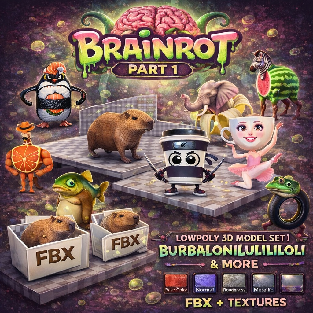 Italian Brainrot ローポリ3Dモデル Part1｜10キャラクターセット｜FBX＋画像テクスチャ4種同梱｜海外ミーム　イタリアン　ブレインロット