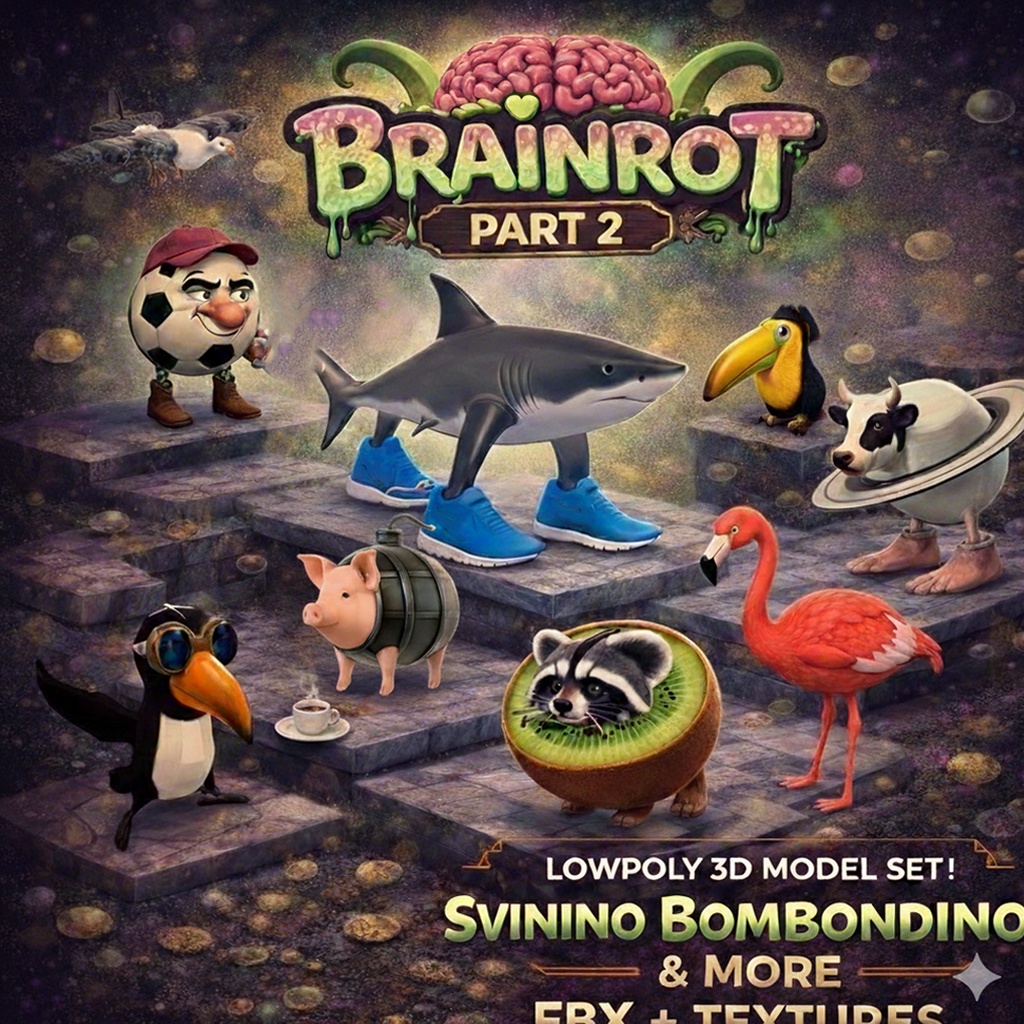 Italian Brainrot ローポリ3Dモデル Part2｜10キャラクターセット｜FBX＋PBRテクスチャ4種同梱（BaseColor / Metallic / Normal / Roughness）｜AI生成・海外ミーム　ブレインロット