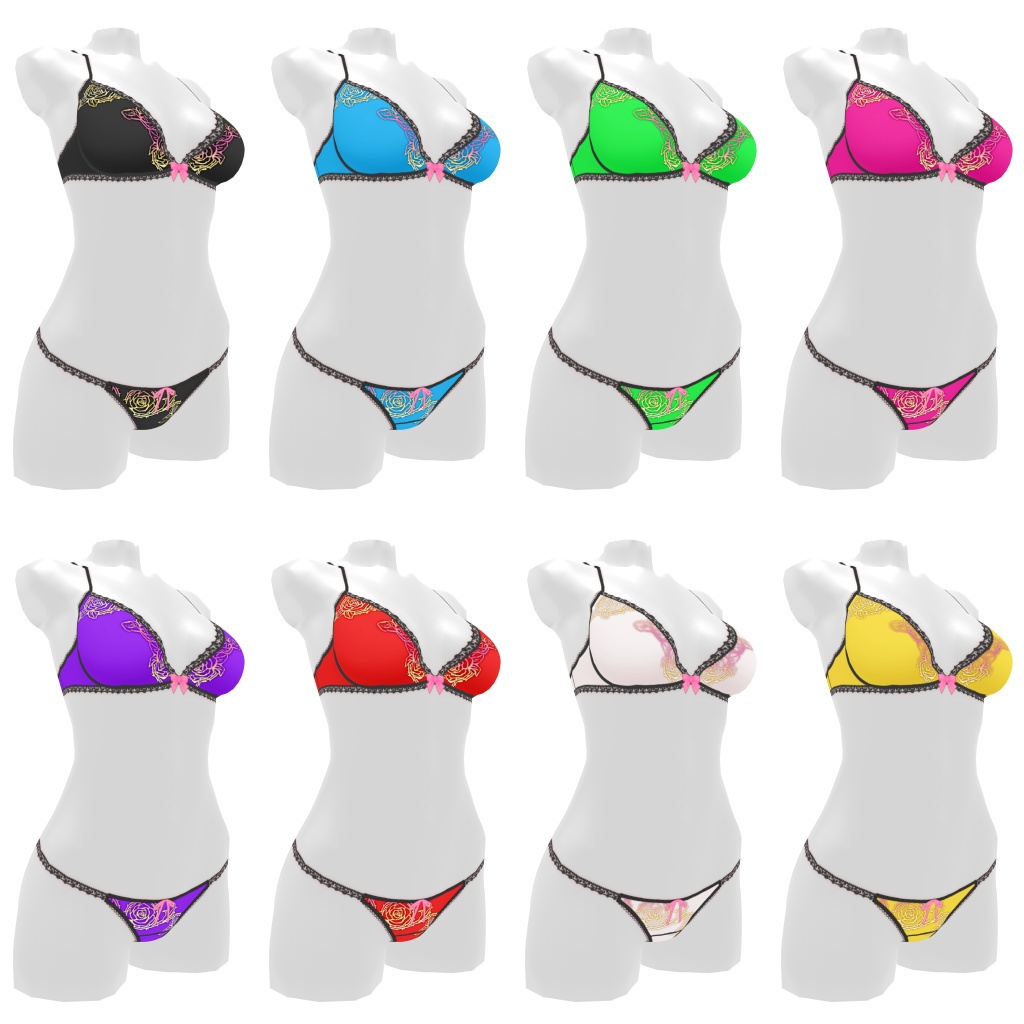 VRoidランジェリー122 ローズ柄ブラ&ショーツセット