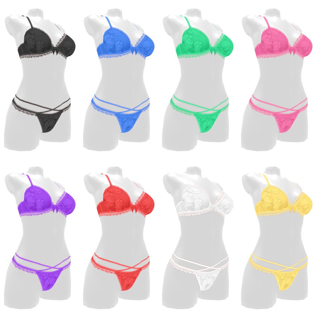 VRoidランジェリー455 花とフリルのクロスストリングセットアップ