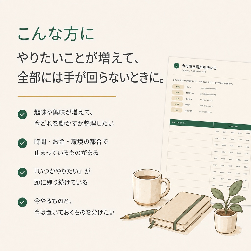 今出来ない趣味も、捨てなくていい。|やりたいことの置き場所を決める整理シート