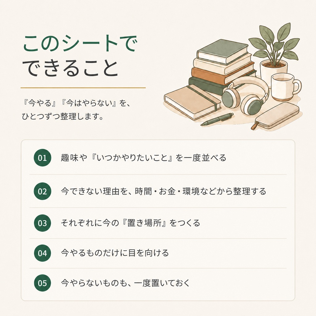 今出来ない趣味も、捨てなくていい。|やりたいことの置き場所を決める整理シート