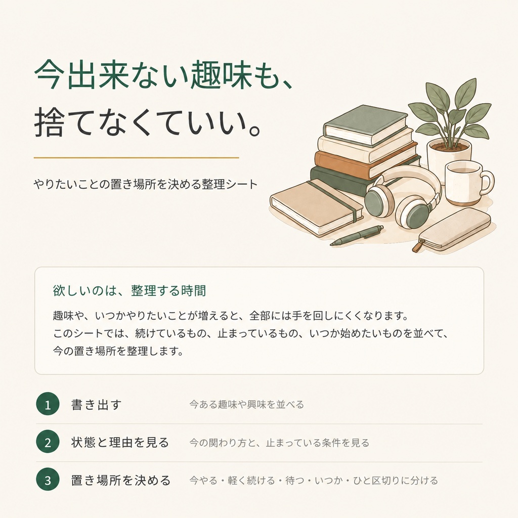 今出来ない趣味も、捨てなくていい。|やりたいことの置き場所を決める整理シート