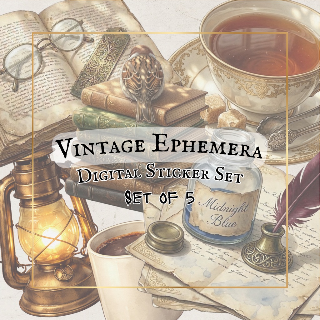 【デジタルステッカー】アンティーク・ミニマル素材 5枚セット（手帳・Goodnotes用）
