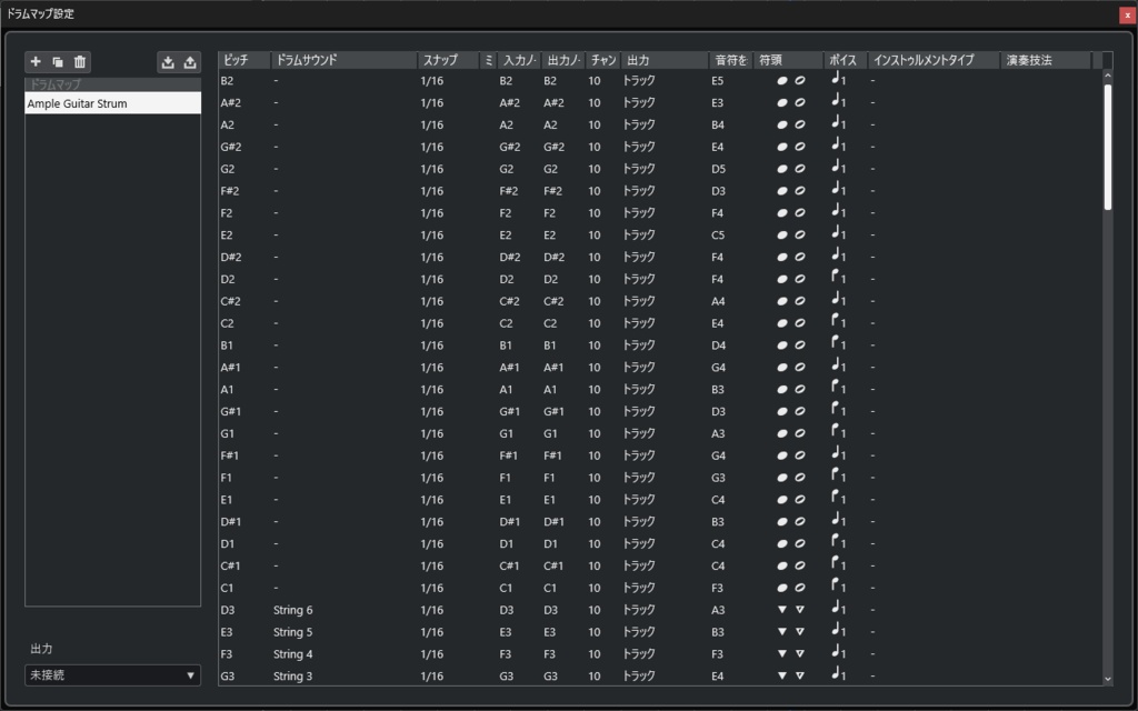 Ample Guitar Strum ドラムマップ（Cubase）
