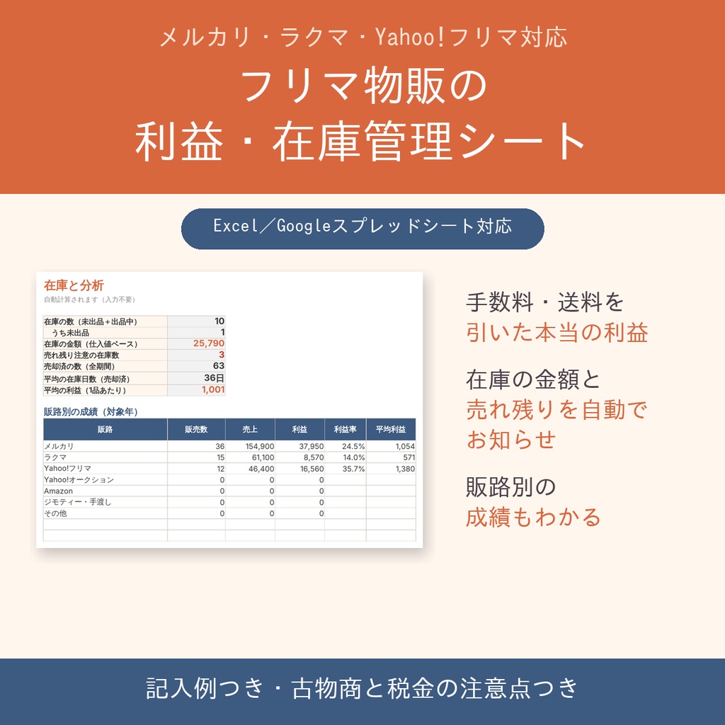 メルカリ物販の利益計算・在庫管理シート｜手数料・送料込みの本当の利益を自動計算【ラクマ・Yahoo!フリマ対応／Excel・スプレッドシート】