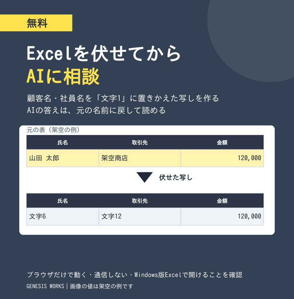 【無料】Excelを伏せてからAIに相談｜顧客名・社員名を記号に置きかえ、AIの答えは元の名前に戻せる道具