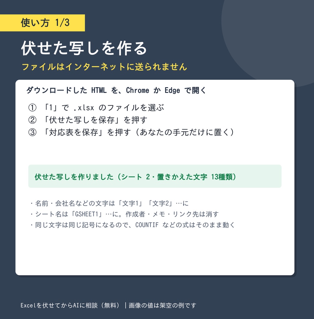 【無料】Excelを伏せてからAIに相談|顧客名・社員名を記号に置きかえ、AIの答えは元の名前に戻せる道具