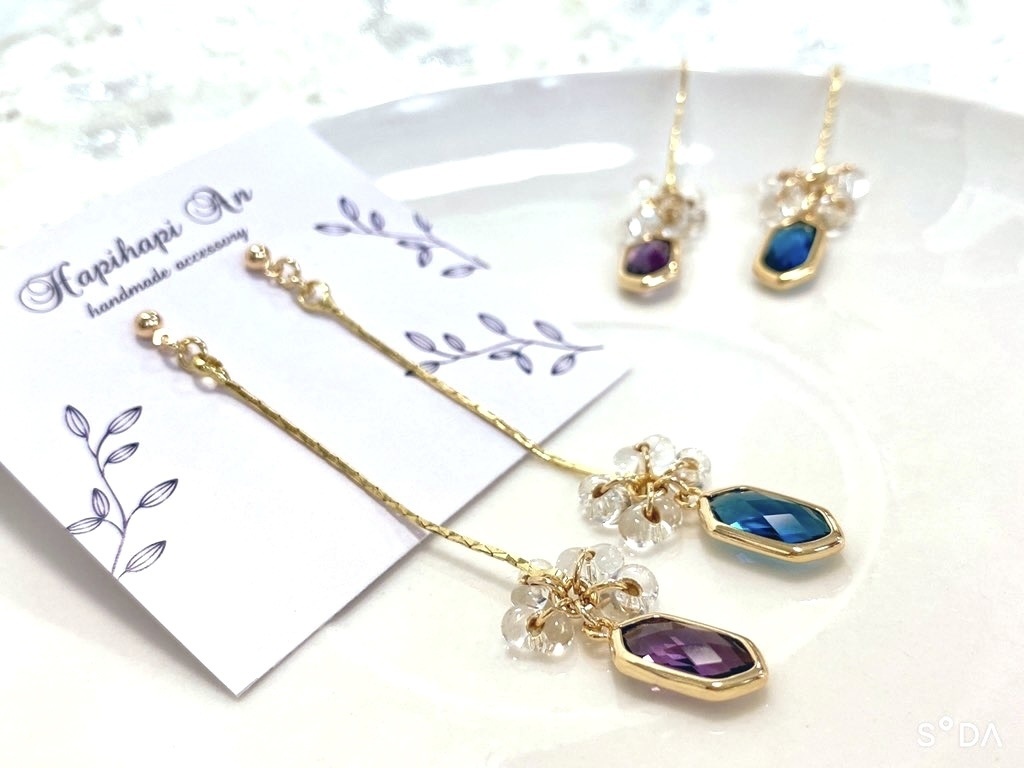 スリムヘキサゴン硝子のロング耳飾り໒꒱·̩͙