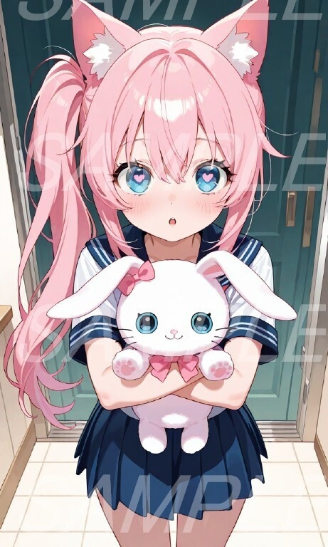 【高画質PNG】桃髪ツインテールのケモ耳セーラーちゃん・スマホ壁紙4枚セット