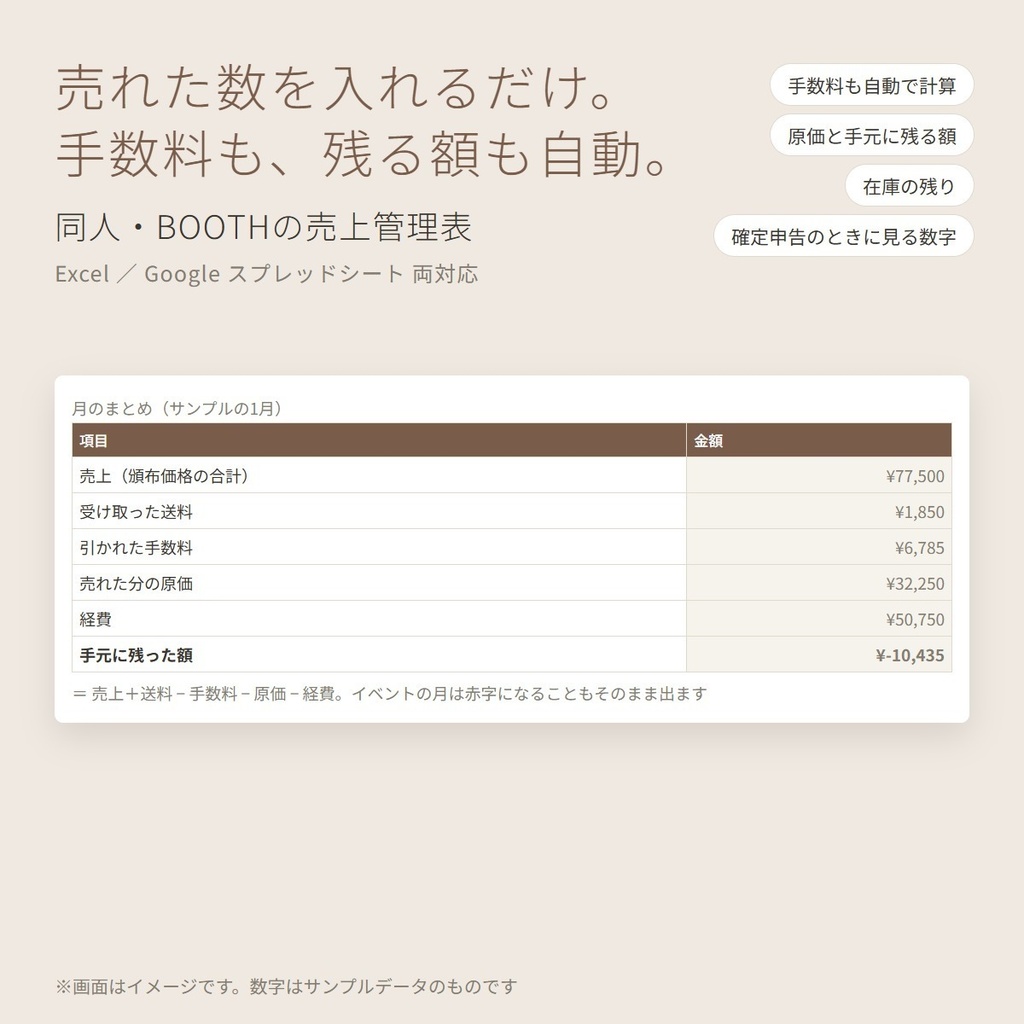 【同人・BOOTH向け】売上と手数料の管理表｜Excel・Googleスプレッドシート両対応｜販路ごとの手数料・原価・在庫・確定申告の集計まで自動