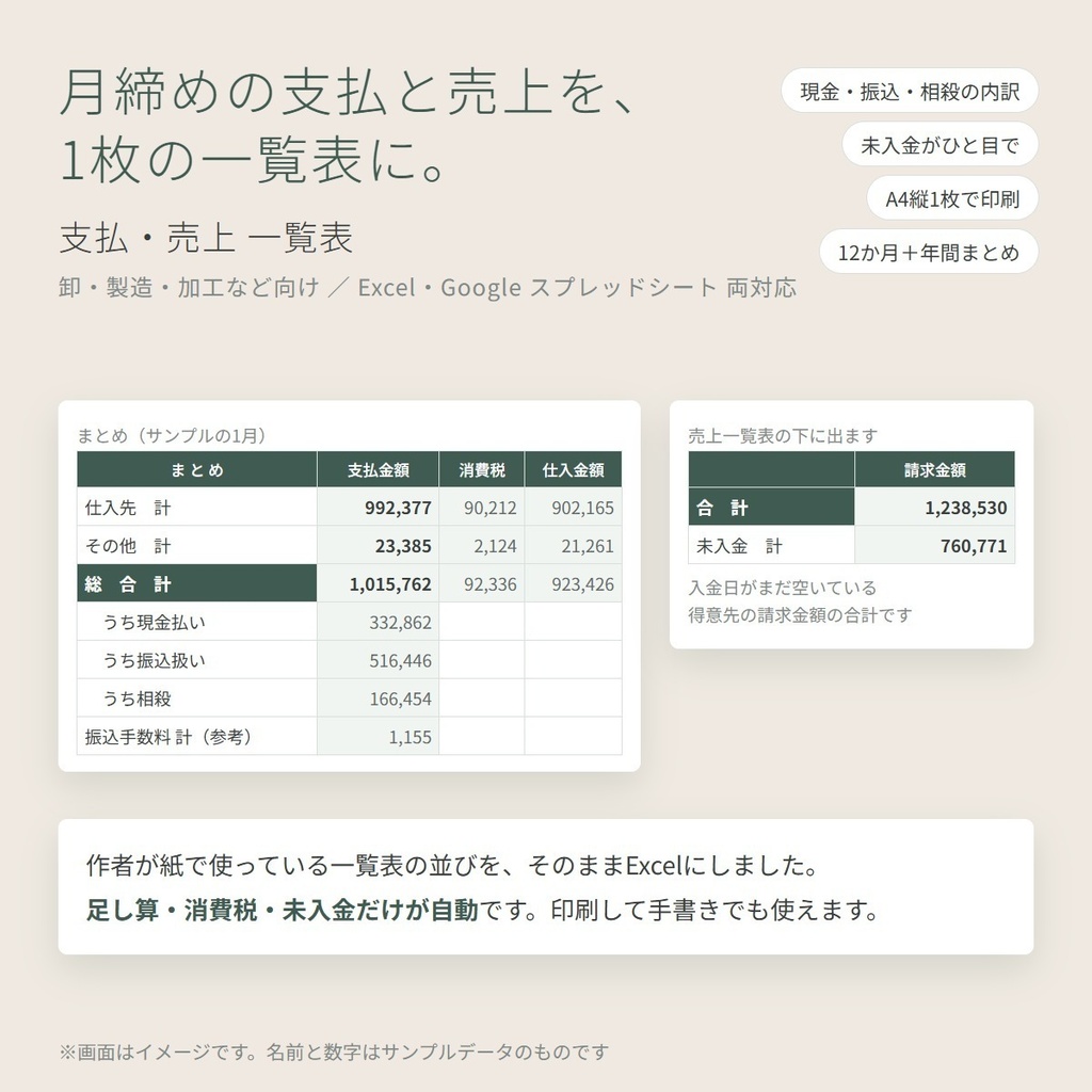 【月締めの卸・製造向け】支払・売上 一覧表|Excel・Googleスプレッドシート両対応|現金・振込・相殺の内訳と未入金を自動集計・12か月+年間まとめ・A4で印刷可