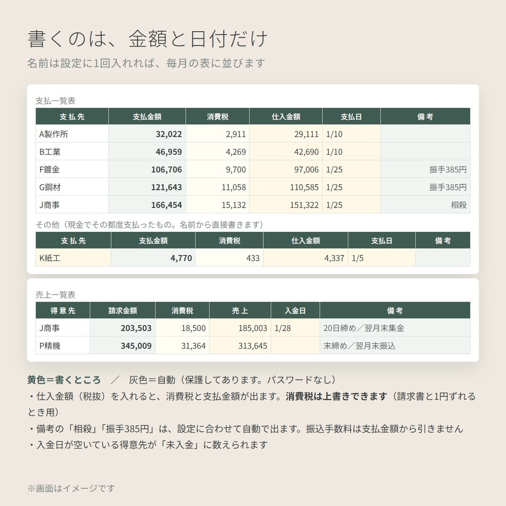 【月締めの卸・製造向け】支払・売上 一覧表|Excel・Googleスプレッドシート両対応|現金・振込・相殺の内訳と未入金を自動集計・12か月+年間まとめ・A4で印刷可