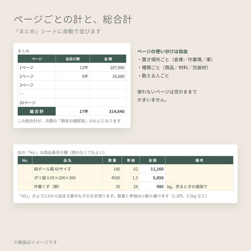 【棚卸表】品名・数量・単価を書くだけ|Excel・Googleスプレッドシート両対応|金額とページごとの計・総合計を自動集計|20ページ600行・A4で印刷可