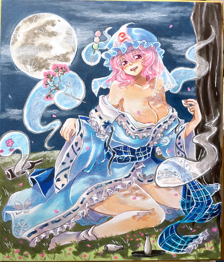 東方Project 西行寺幽々子 手描きイラスト 小色紙