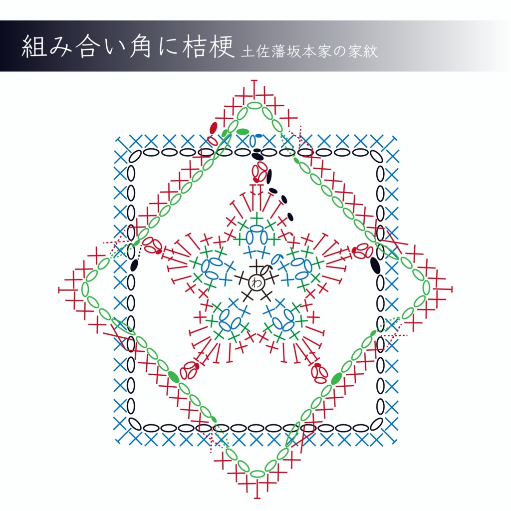 家紋｢組み合い角に桔梗｣編み図(説明付)