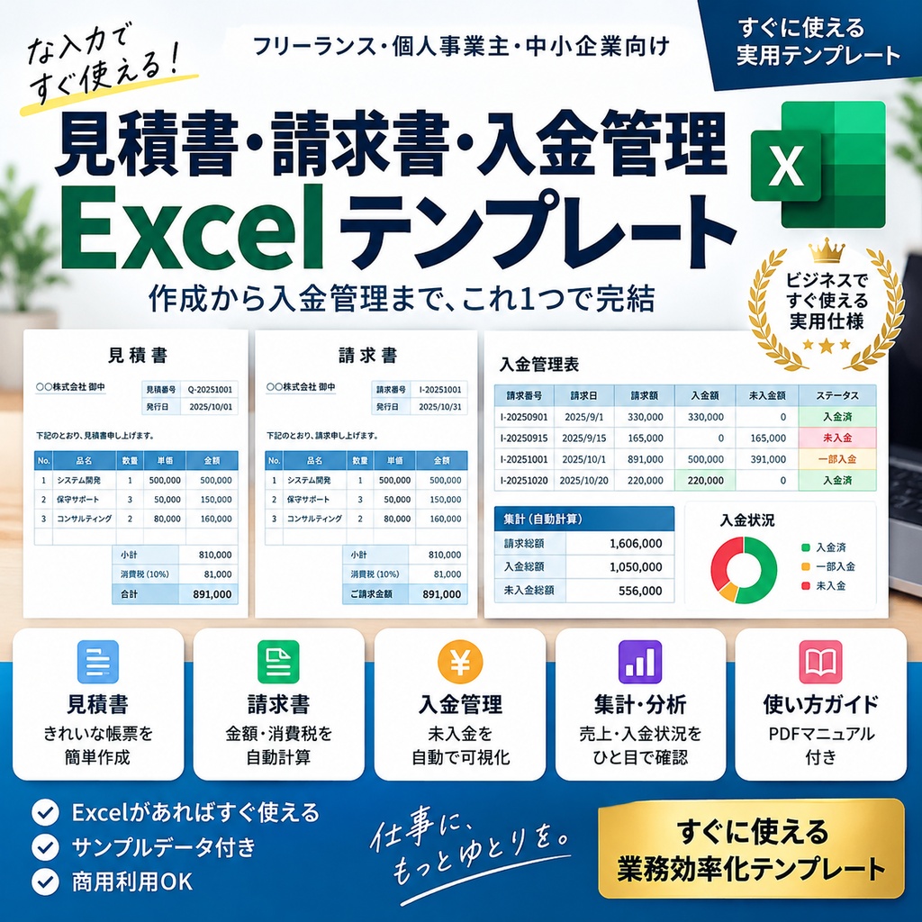 【Excel自動計算】見積書・請求書・入金管理テンプレート3点セット｜フリーランス・個人事業主向け