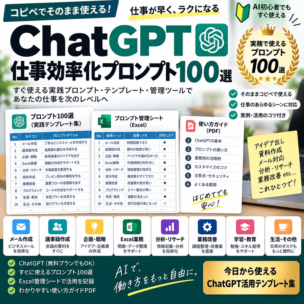 【ChatGPT活用】仕事効率化プロンプト100選｜コピペで使えるAIテンプレート集・Excel管理ツール・使い方PDF付き