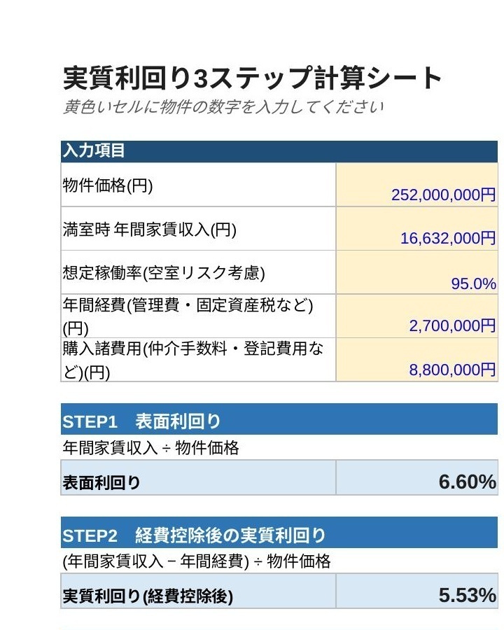 実質利回り3ステップ計算ツール(Excel)| 広告の利回りを鵜呑みにしないための投資判断シート