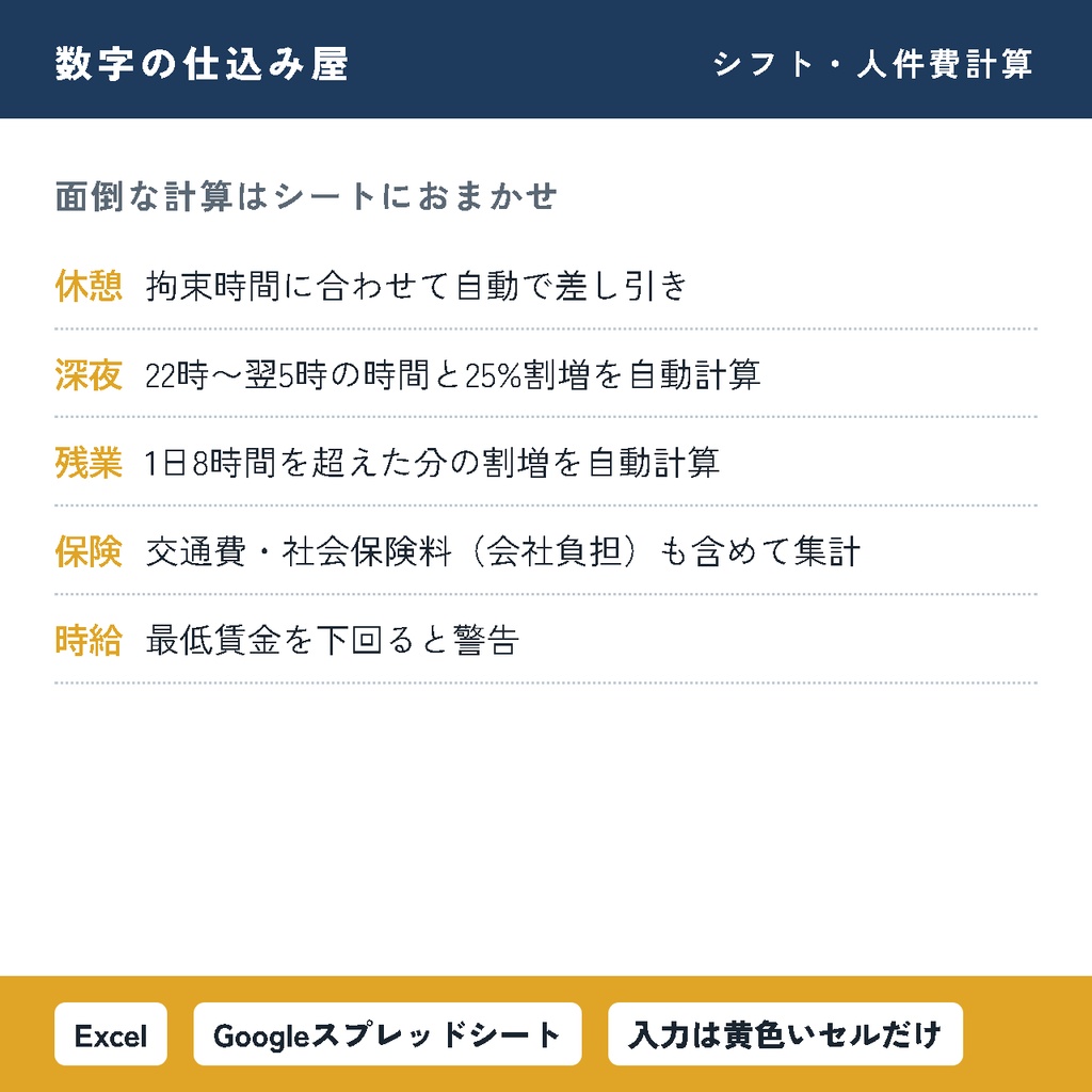 【飲食店向け】シフト表・人件費計算|時刻を入れるだけで人件費率を自動計算|お店に貼れる掲示用つき|Excel・スプレッドシート対応