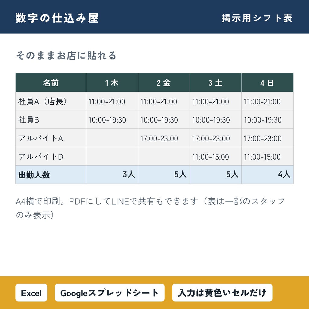 【飲食店向け】シフト表・人件費計算|時刻を入れるだけで人件費率を自動計算|お店に貼れる掲示用つき|Excel・スプレッドシート対応