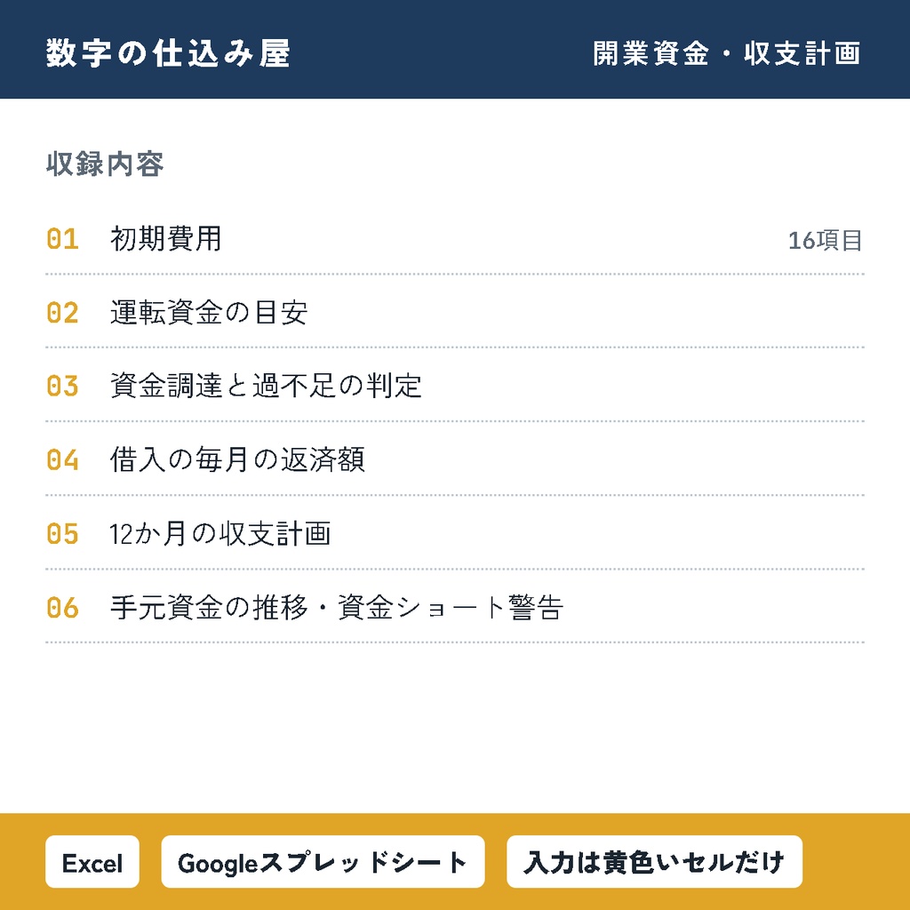 【飲食店開業】開業資金・収支計画シミュレーター|資金ショートの月がわかる|Excel・スプレッドシート対応