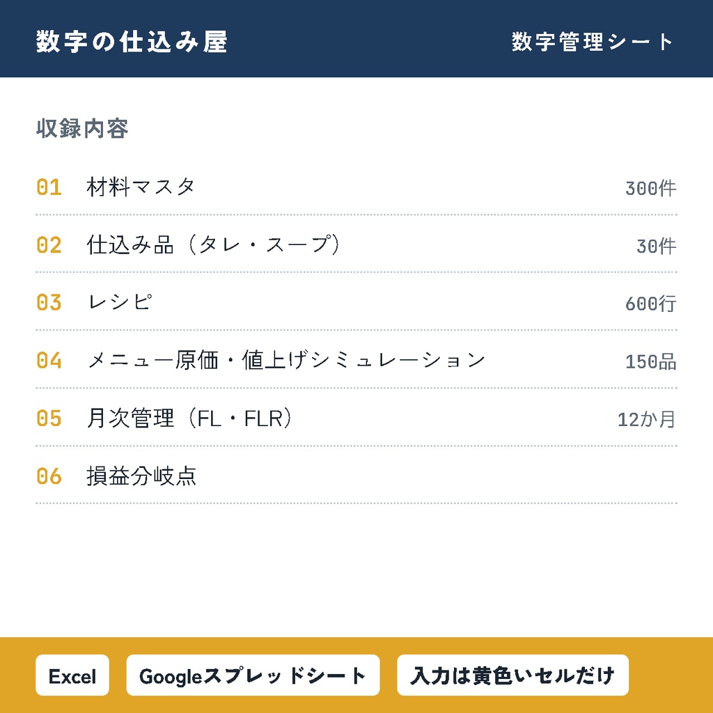 【飲食店向け】原価率・FL比率・損益分岐点がわかる数字管理シート|Excel・スプレッドシート対応