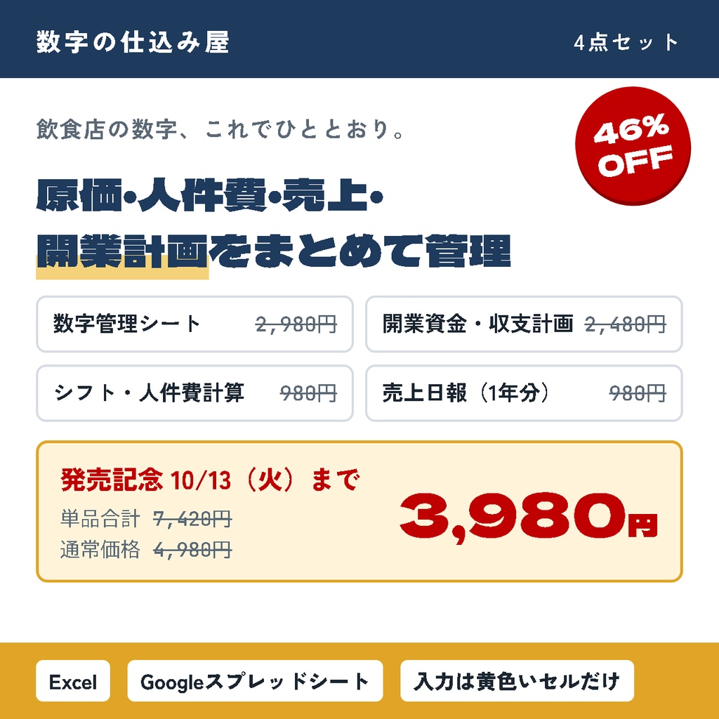 【発売記念】【飲食店の数字 まるごとセット】原価・人件費・売上日報・開業計画の4点セット|Excel・スプレッドシート対応