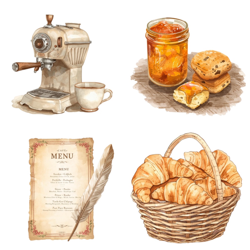 ビンテージ水彩クリップアートセット|食べ物&カフェシリーズ(PNG・背景透過・12種類)