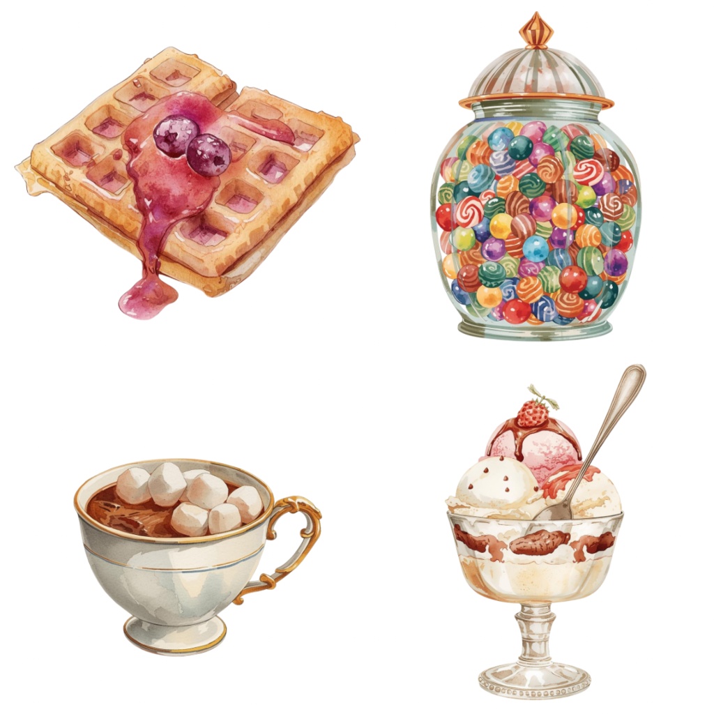 ビンテージ水彩クリップアートセット|食べ物&カフェシリーズ(PNG・背景透過・12種類)