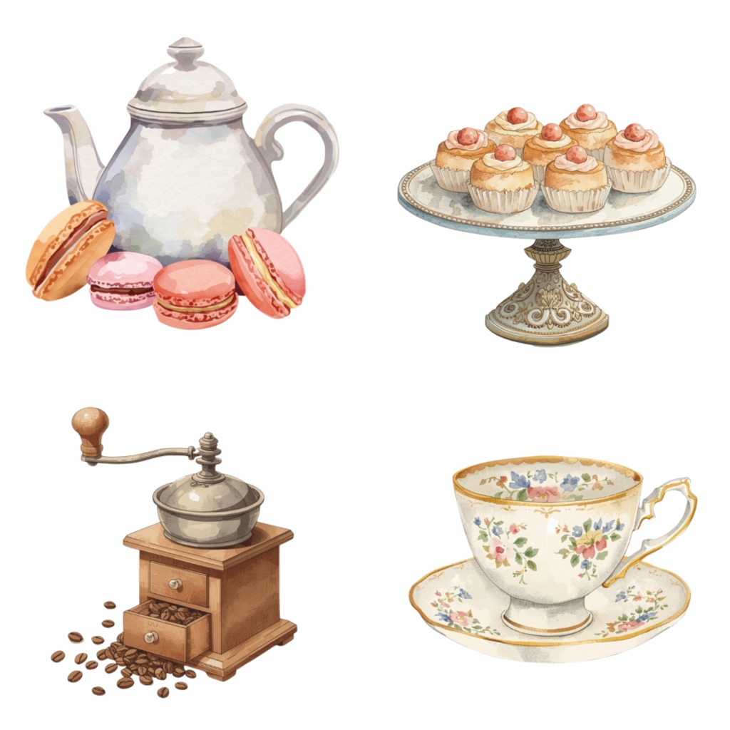 ビンテージ水彩クリップアートセット|食べ物&カフェシリーズ(PNG・背景透過・12種類)