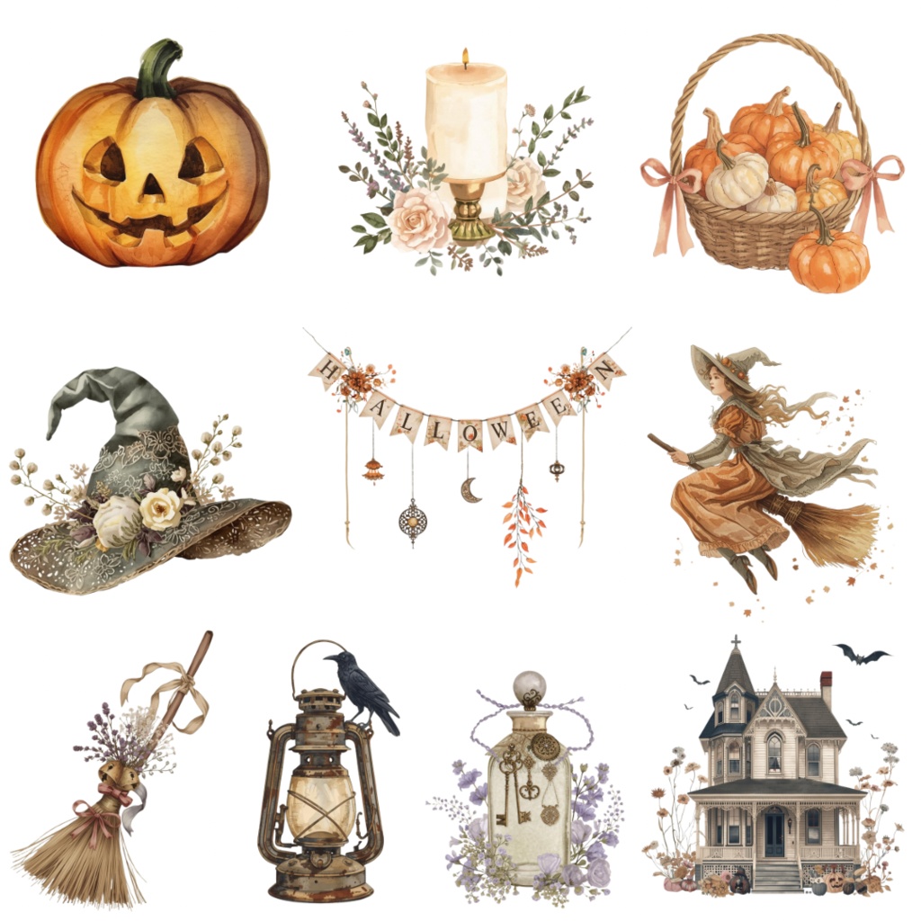 ビンテージ水彩クリップアートセット20種|ハロウィンシリーズ(PNG・背景透過)