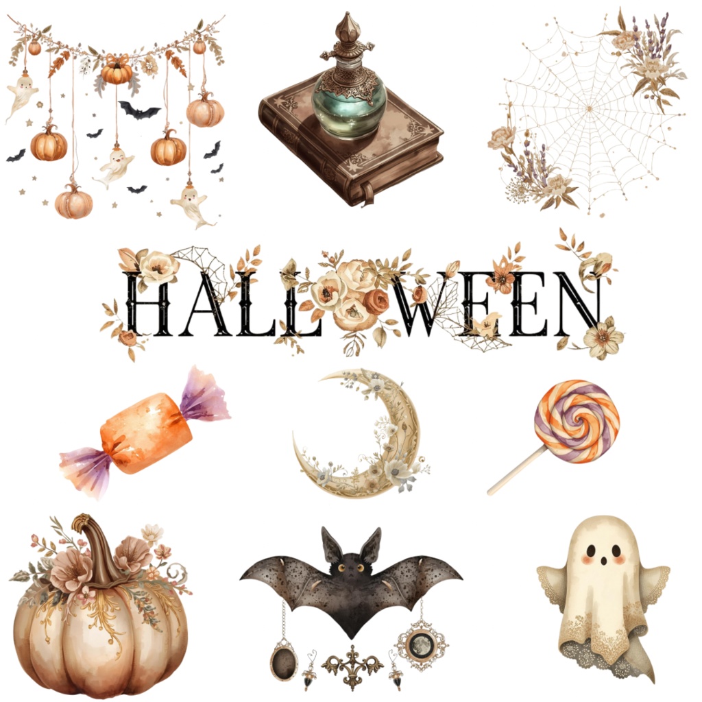 ビンテージ水彩クリップアートセット20種|ハロウィンシリーズ(PNG・背景透過)