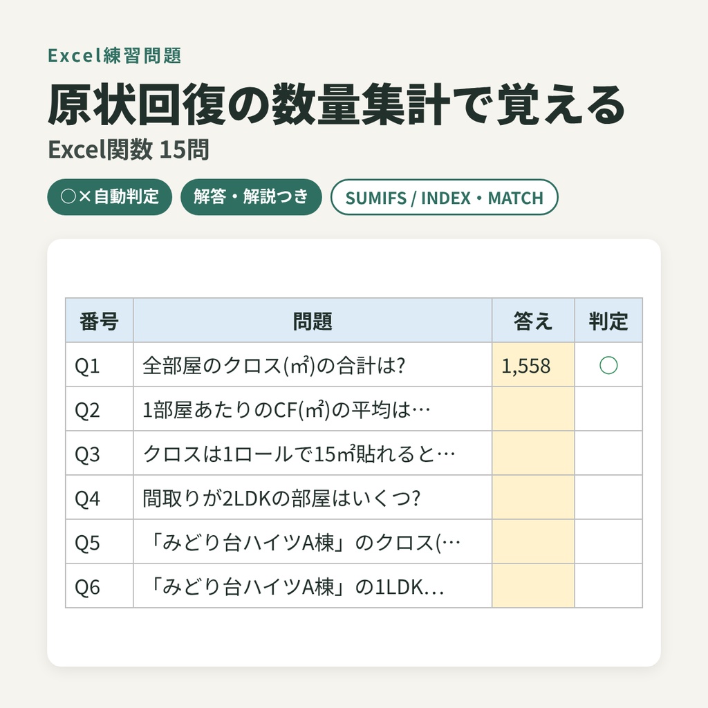 原状回復の数量集計で覚えるExcel関数15問 / 自動で○×判定・解答つき