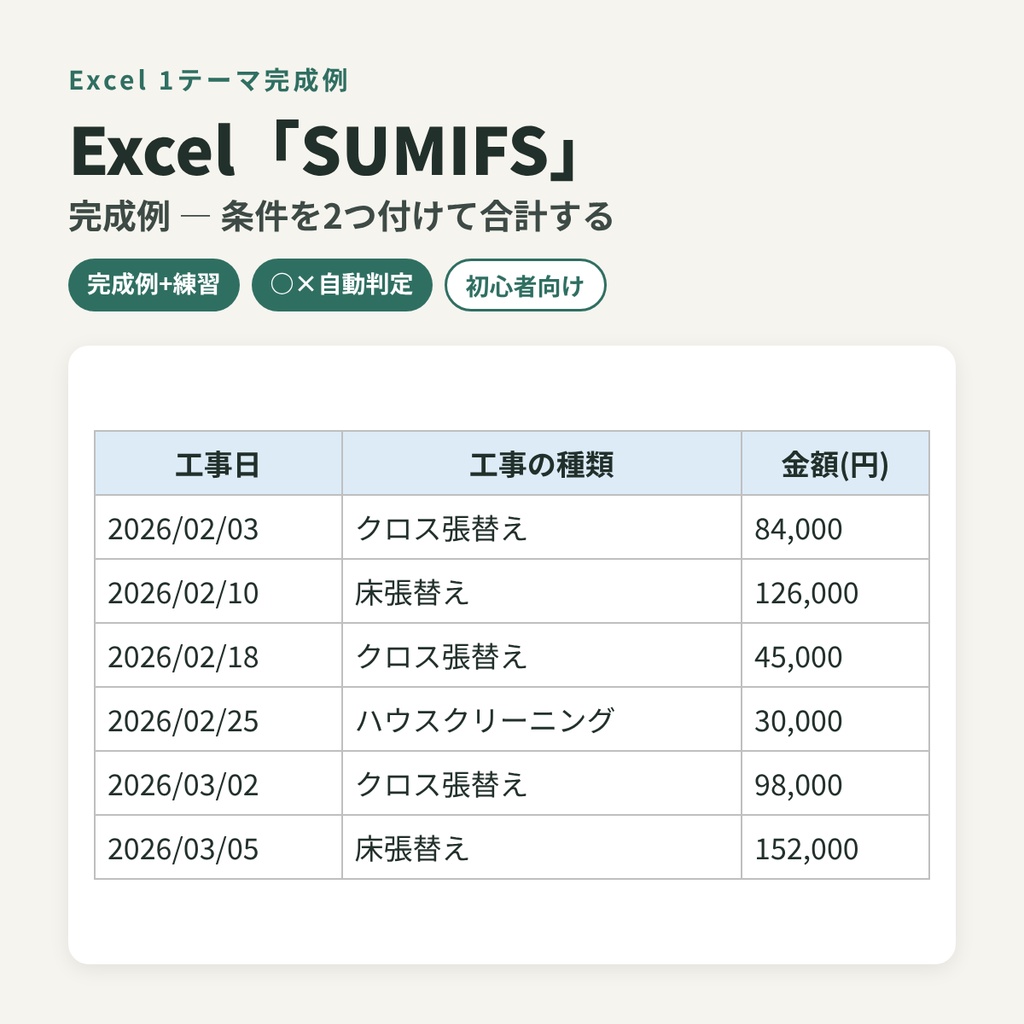 Excel「SUMIFS」完成例 ― 条件を2つ付けて合計する(練習・○×判定つき)