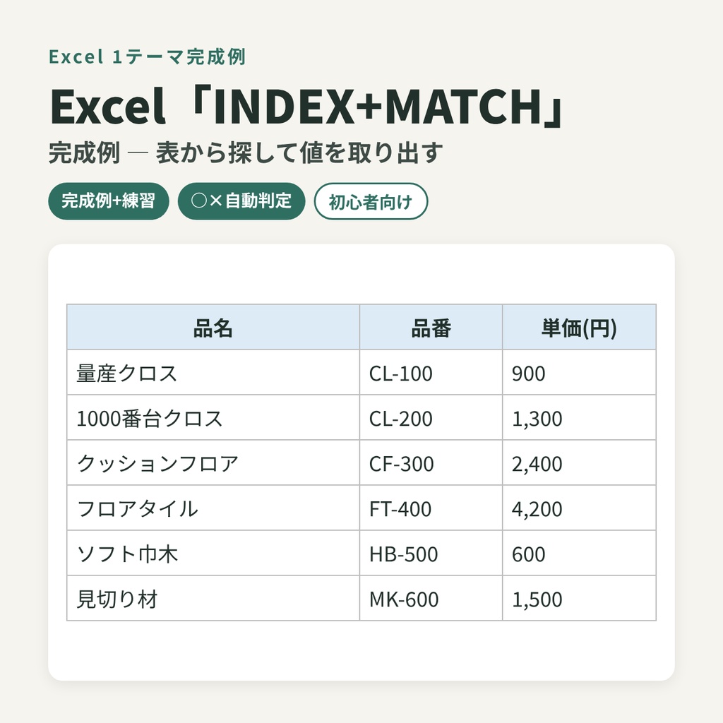 Excel「INDEX+MATCH」完成例 ― 表から探して値を取り出す(練習・○×判定つき)